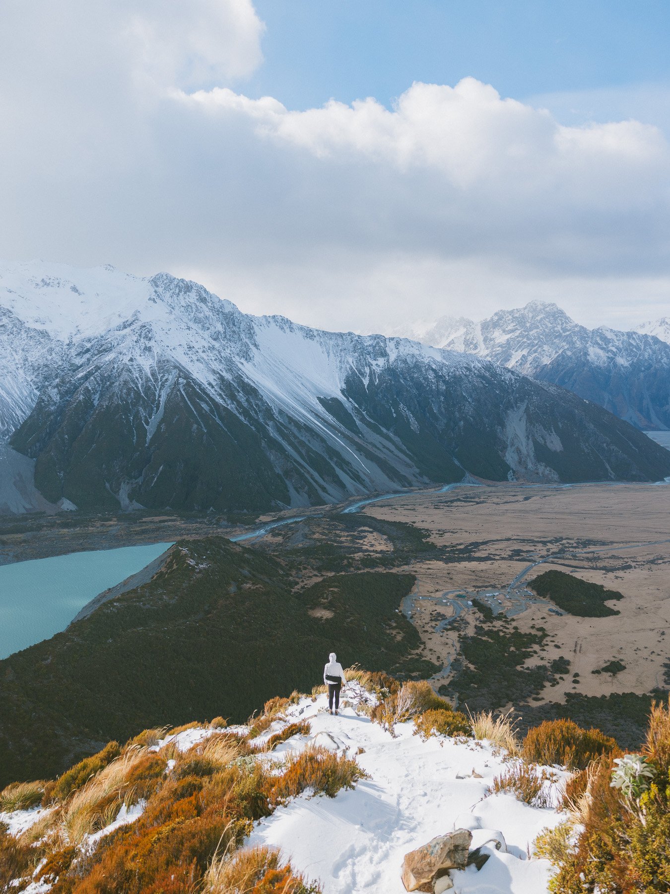 Snow-covered steps on the Sealy Tarns Track in winter